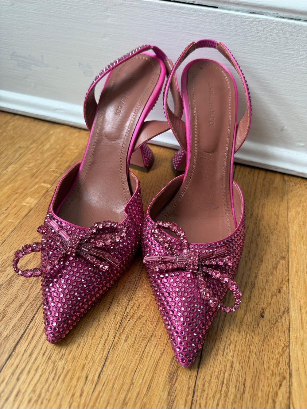 Amina Muaddi Pink Crystal Bow Slingback Heels